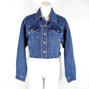 Forever 21 Denim Cropped and Frayed Long Sleeve Blue Denim Jacket Size Medium